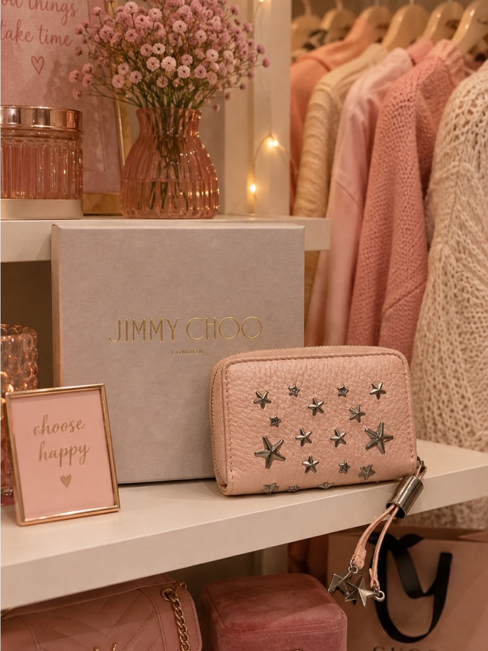 Jimmy Choo Pink Star-Stud Leather Key & Card Holder